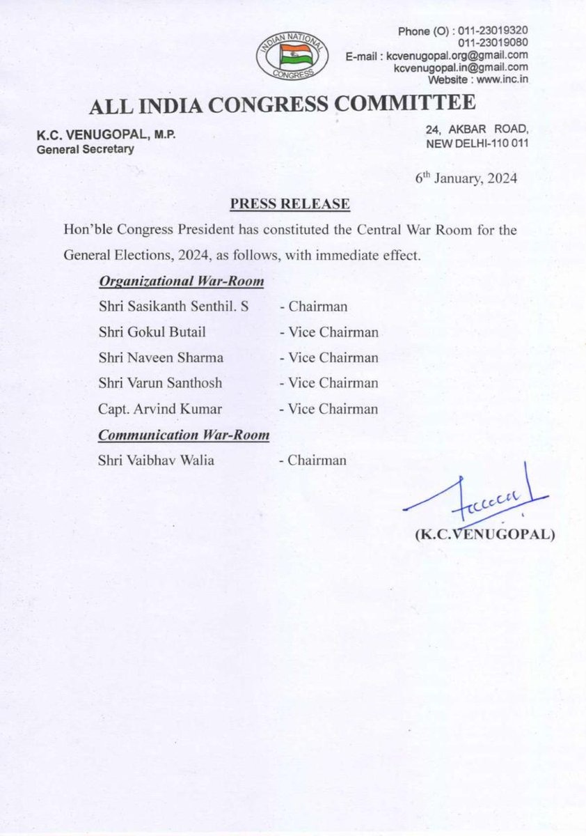 INCSandesh's tweet photo. Hon'ble Congress President has constituted the Central War Room for the General Elections, 2024, as follows, with immediate effect. https://t.co/vBgtLqZeUw