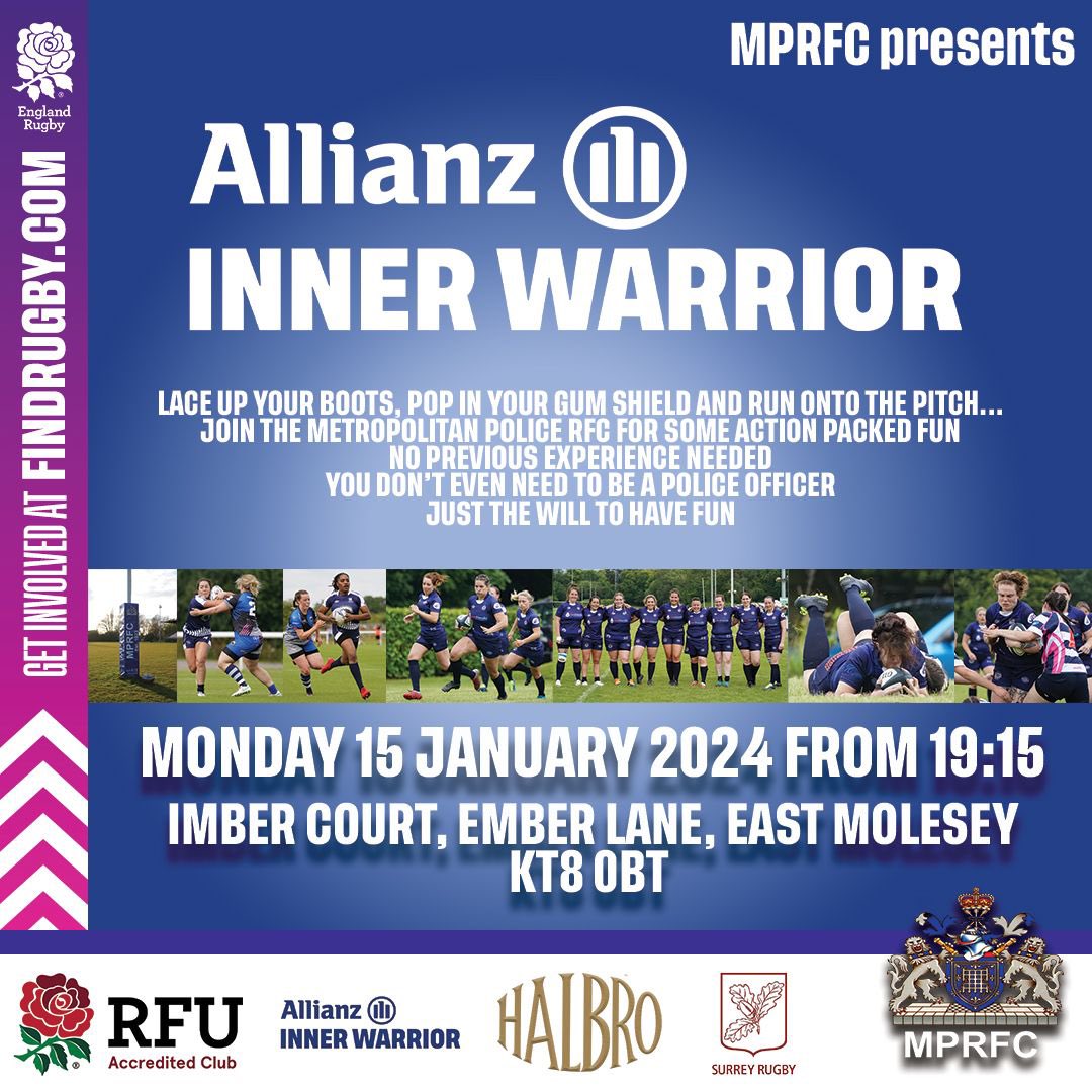 💪 Are you looking to get fit?
🏉 Learn a new sport?
👥 Looking for a new team?

Look no further <a href="/MetPoliceWRFC/">Met Police WRFC</a> are hosting an inners warrior session. The session is open to all females aged 17+ so why not come down and give it a go?

#AllianzInnerWarrior #LoveRugby #thisgirlcan