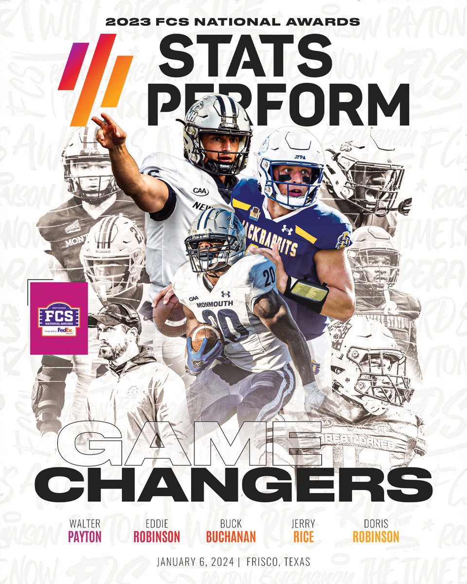 OptaAnalystFCS's tweet photo. 2023 FCS National Awards Banquet
Payton. Buchanan. Rice. Robinson.
The Payton and Buchanan announcements are tonight, with over 155 airings on Bally Sports Regional Networks, beginning Sunday.
Here is a link to the banquet program.
https://t.co/fIjKLaEzi0
#TeamFedEx https://t.co/h7E8qEq0S6