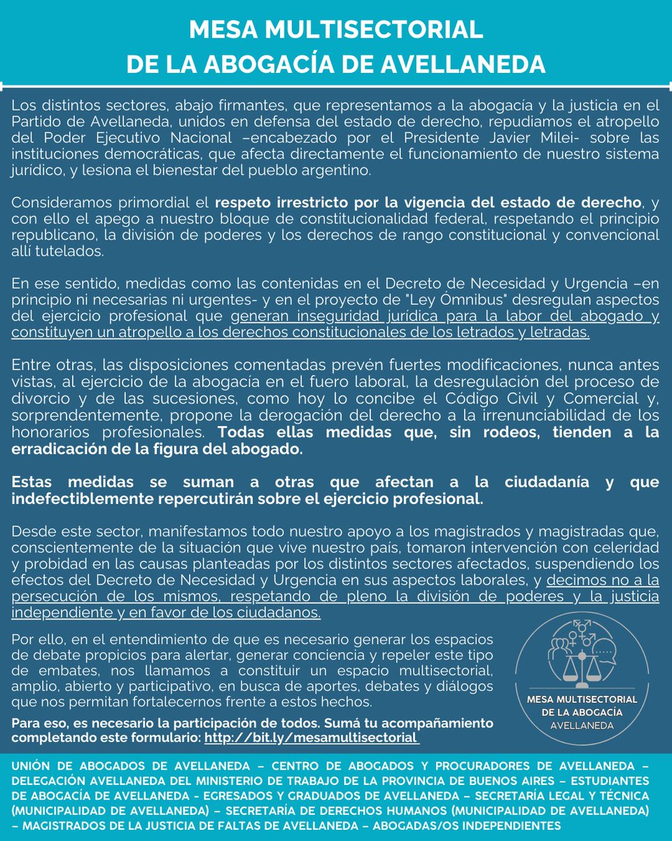 MesaA_Av's tweet photo. MESA MULTISECTORIAL 
DE LA ABOGACÍA DE AVELLANEDA https://t.co/xApddrMEF2