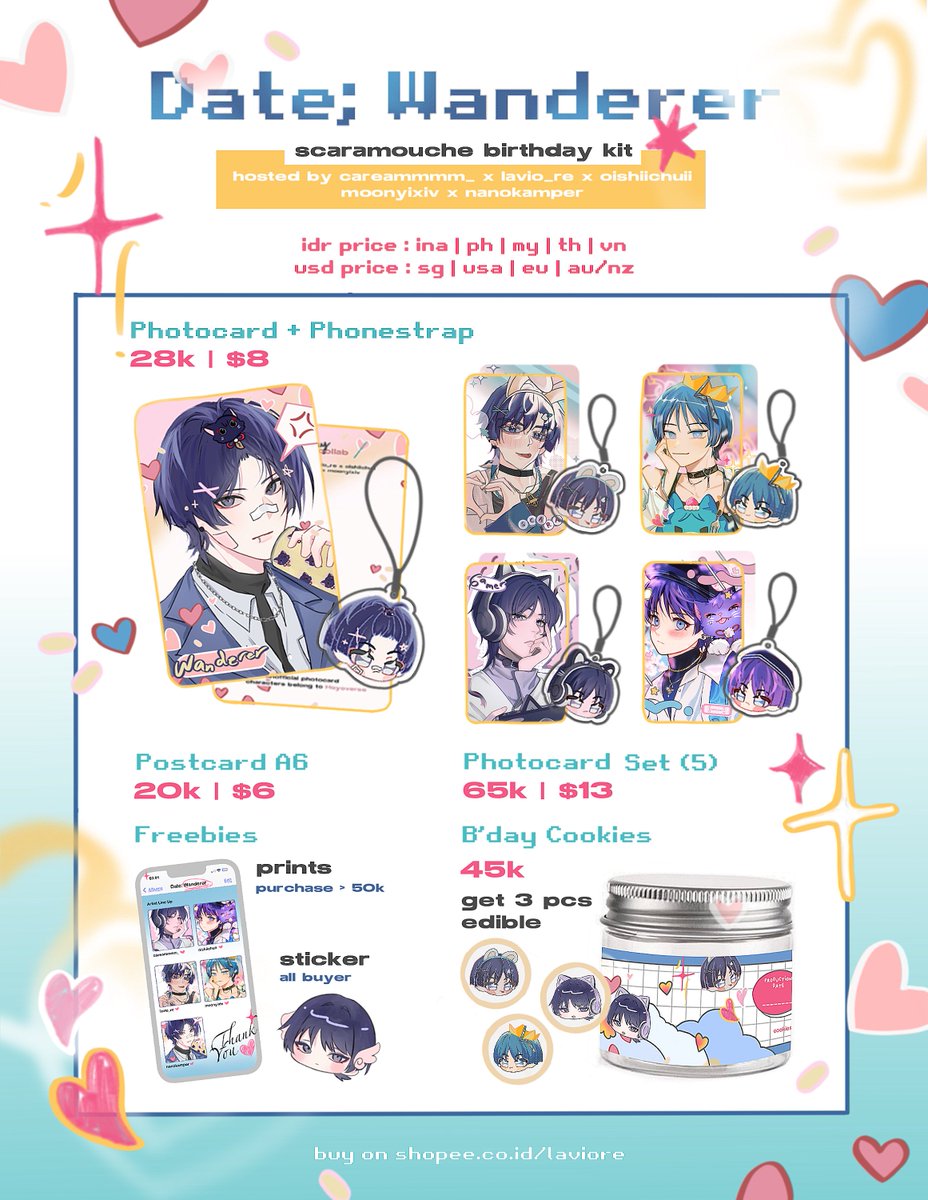 ₊‧♡ 🩵 Date; Wanderer Birthday Kit 💙♡‧₊
collab by <a href="/lavio_re/">lav 🎧</a> <a href="/careammmm_/">kare 🪽 CQ9 & public garden sg</a> <a href="/nanokamper/">Nanokana🖤❕off</a> <a href="/moonyixiv/">moony 🪽 comic fiesta B-D07</a> <a href="/oishiichuii/">Shi 🍉 | Commission Open</a> 

pre-order : 06.01 - 11.01 | 12pm gmt+7

🔗 ina : shope.ee/9KImKCsdC6
🌎 GO : dm me! 
❗️one time pre-order only