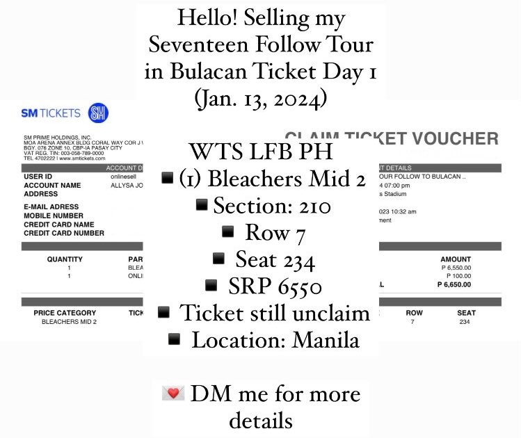 ddooieeee's tweet photo. Hello! Selling my Seventeen Follow Tour in Bulacan Ticket Day 1 (Jan. 13, 2024)

WTS LFB PH
▪️(1) Bleachers Mid 2
▪️Section: 210
▪️ Row 7 
▪️ Seat 234
▪️ SRP 6550
▪️ Ticket still unclaim
▪️ Location: Manila 

💌 DM me for more details

 svt con tix svt concert ph https://t.co/nGAeTJRkbE