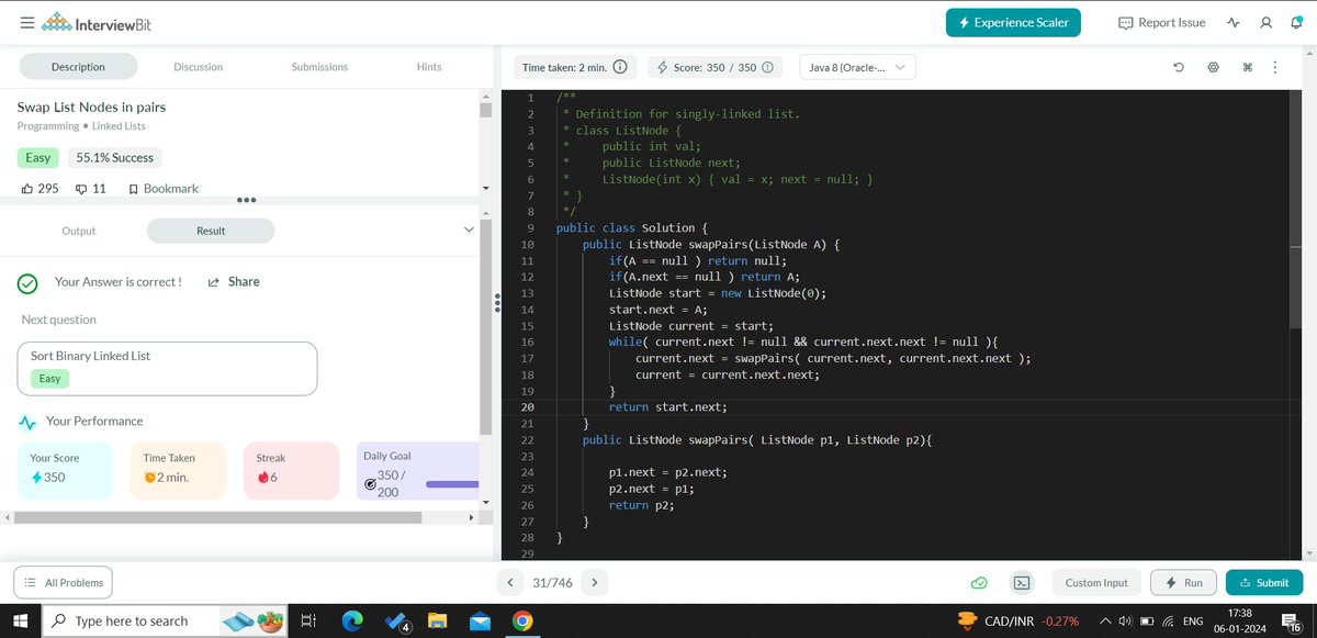 PranitBhatt12's tweet photo. #Day005 of the #365DaysofCode Challenge with Scaler.
Question Solved : Swap List Nodes in pairs
Language: Java
#scalerdiscord #codewithscaler #365daysofcodescaler #365DaysofCode https://t.co/Rz1Hr9iiFz
