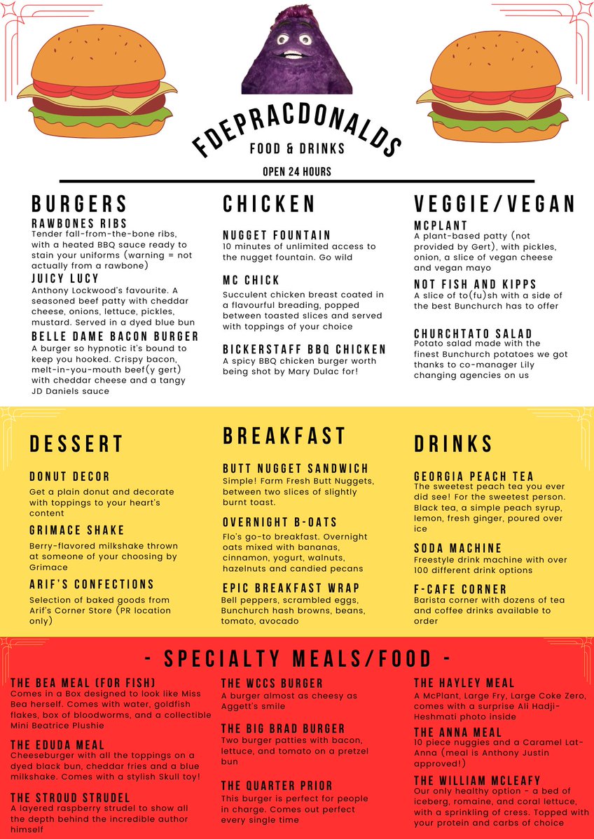 fdepracdonalds's tweet image. MENU REVEALS 🍔🍕

A long time in the making, but here is the official reveal of our f-depracdonalds and pizzeria menus! There's your favorites that you know and love plus many new additions. Go forth and enjoy 😈
#SaveLockwoodandCo #AskTheLoreAccounts