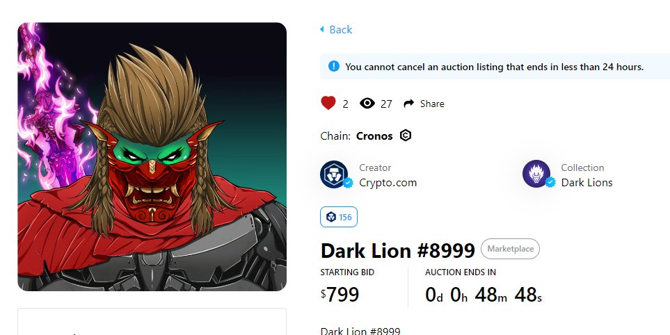 artikCRO's tweet image. crypto.com/nft/profile?ta…

#DarkLions Rank 156 
Price $799