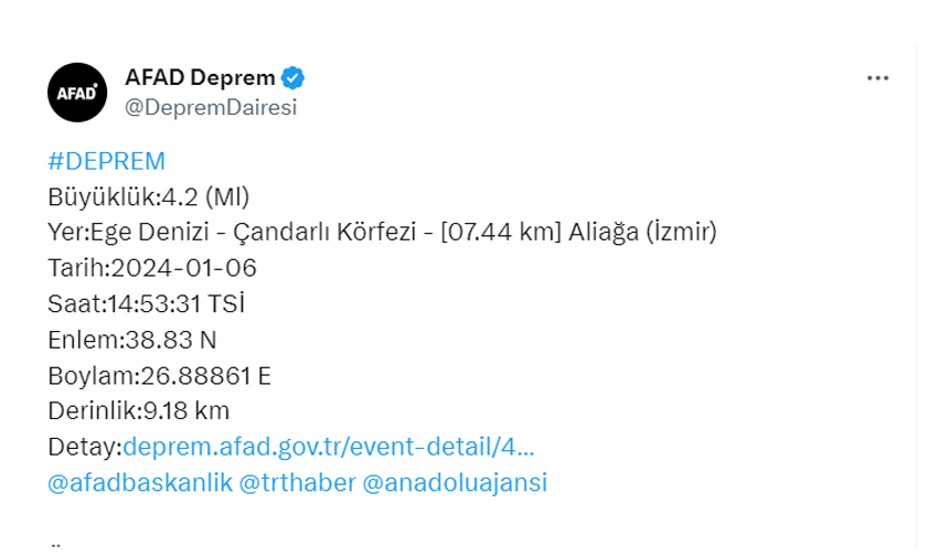 İzmir'de 4.2 büyüklüğünde bir deprem meydana geldi. #İzmir