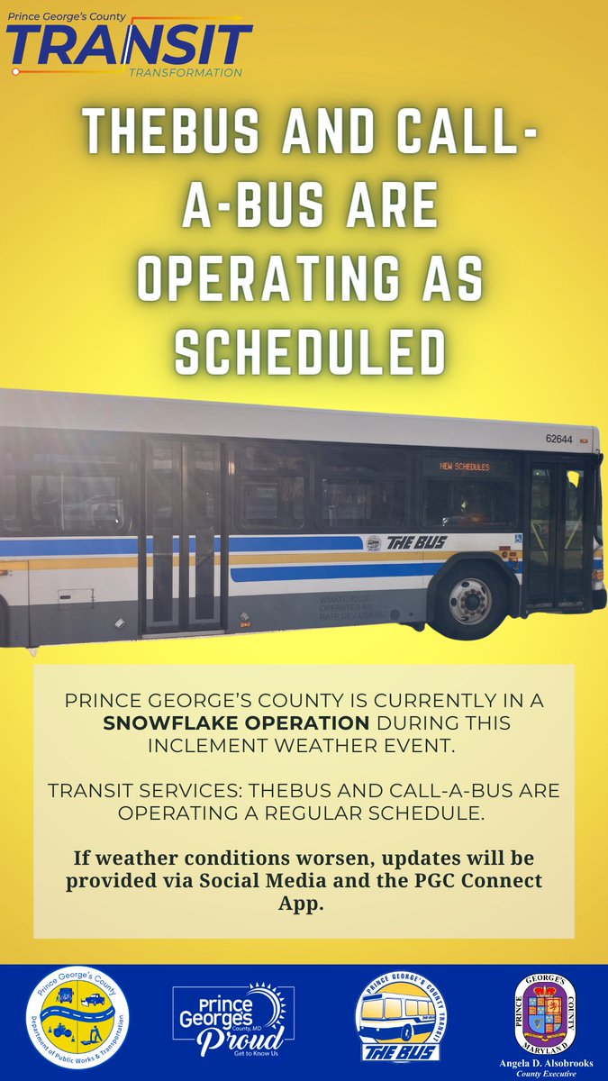PGCountyDPWT's tweet photo. As a reminder #PrinceGeorgesCounty, TheBus and Call-A-Bus are still operating a regular schedule! DPW&T will continue to keep the community updated if there are any changes or modifications to our transit services during this inclement weather event. #CallABus #TheBus #PGCTransit https://t.co/oUd4KajBop