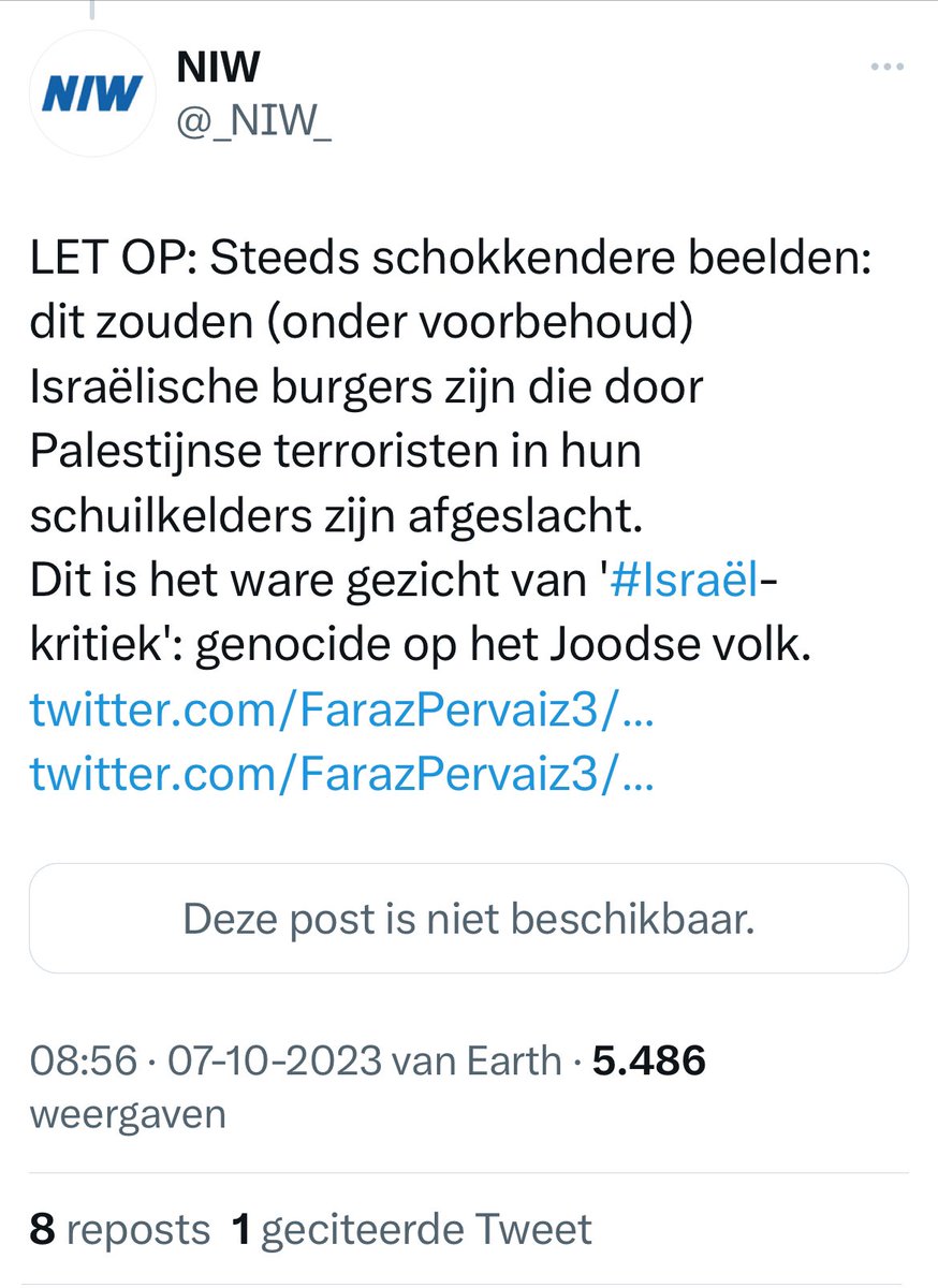 Het is nog erger dan @ajboekestijn n.a.v. het interview van @Esther_Voet in Leids Dagblad denkt. Volgens Joods weekblad @_NIW_ waar Voet hoofdredacteur van is, is ‘“Israël-kritiek: genocide op het Joodse volk’” Tijdens deze tweet was de terreuraanslag van #Hamas nog bezig. 👇>