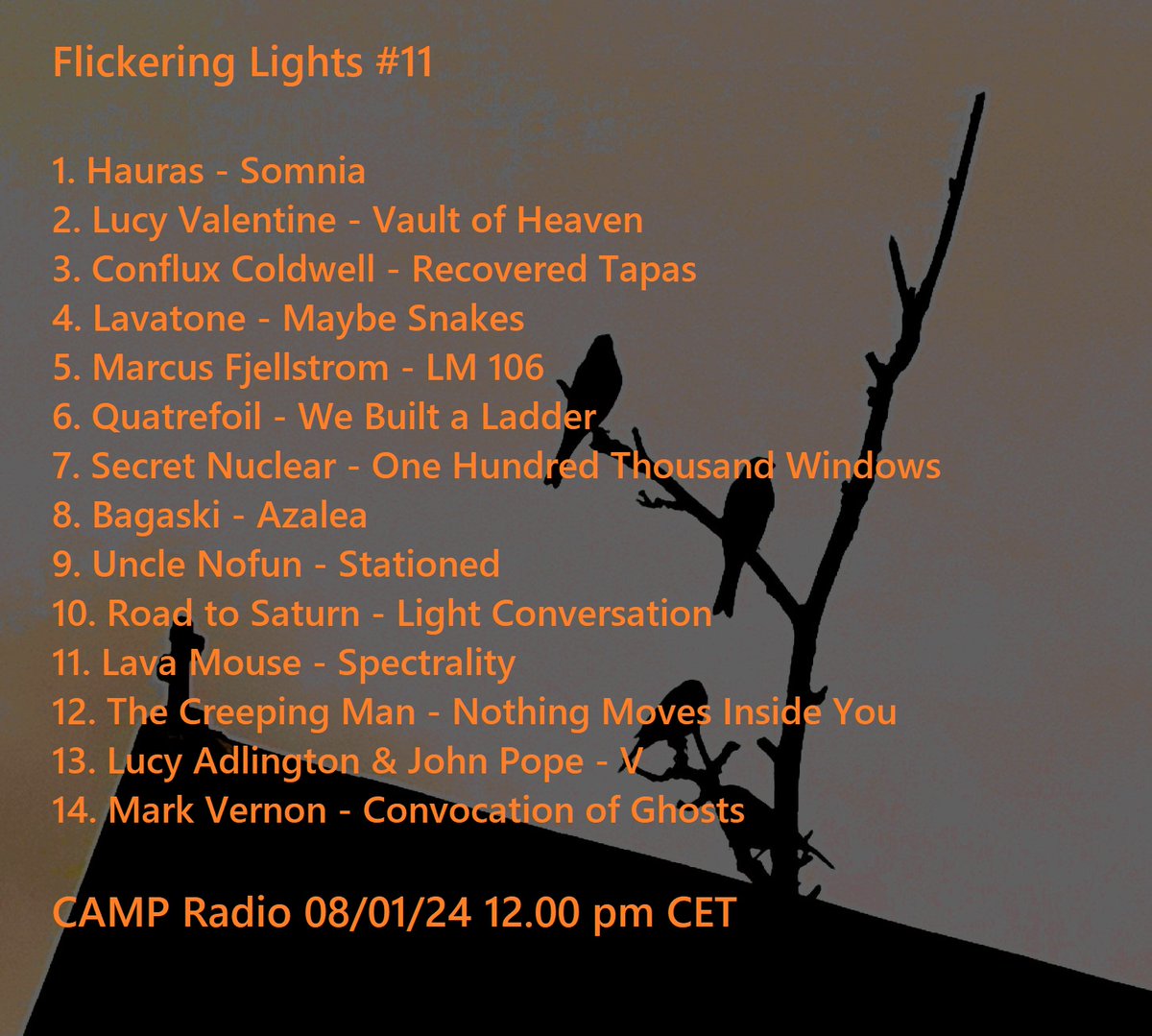 Flickering Lights #11 airing @listen_camp 08/01/24 12pm CET. @RidgeShady @floatmedia1 @capriciousmetal @subexotic @lavatonemusic @WhiRecordings @bagaski @HGR_label @matthewsedition #markvernon #marcusfjellstrom #quatrefoil