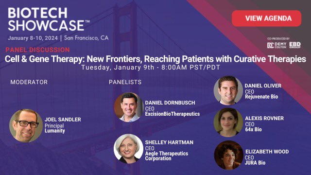 Rejuvenate Bio (@rejuvenatebio) on Twitter photo Join our CEO <a href="/DanielCOliver/">dan</a> at #JPM24 #BiotechShowcase24 on Tuesday Jan 9 for this #Cell and #Gene Therapy panel. 🧬🧬🧬 <a href="/lumanity/">Lumanity</a> <a href="/lexrovner/">Lexi Rovner</a> <a href="/64xbio/">64x Bio</a> <a href="/jura_bio/">JURA Bio, Inc.</a> <a href="/lizbwood/">Elizabeth Wood 🧬🖥️🥼</a> <a href="/AegleRxCorp/">Aegle Therapeutics Corp</a>
More info here:
👇👇👇
informaconnect.com/biotech-showca… Join our CEO <a href="/DanielCOliver/">dan</a> at #JPM24 #BiotechShowcase24 on Tuesday Jan 9 for this #Cell and #Gene Therapy panel. 🧬🧬🧬 <a href="/lumanity/">Lumanity</a> <a href="/lexrovner/">Lexi Rovner</a> <a href="/64xbio/">64x Bio</a> <a href="/jura_bio/">JURA Bio, Inc.</a> <a href="/lizbwood/">Elizabeth Wood 🧬🖥️🥼</a> <a href="/AegleRxCorp/">Aegle Therapeutics Corp</a>
More info here:
👇👇👇
informaconnect.com/biotech-showca…