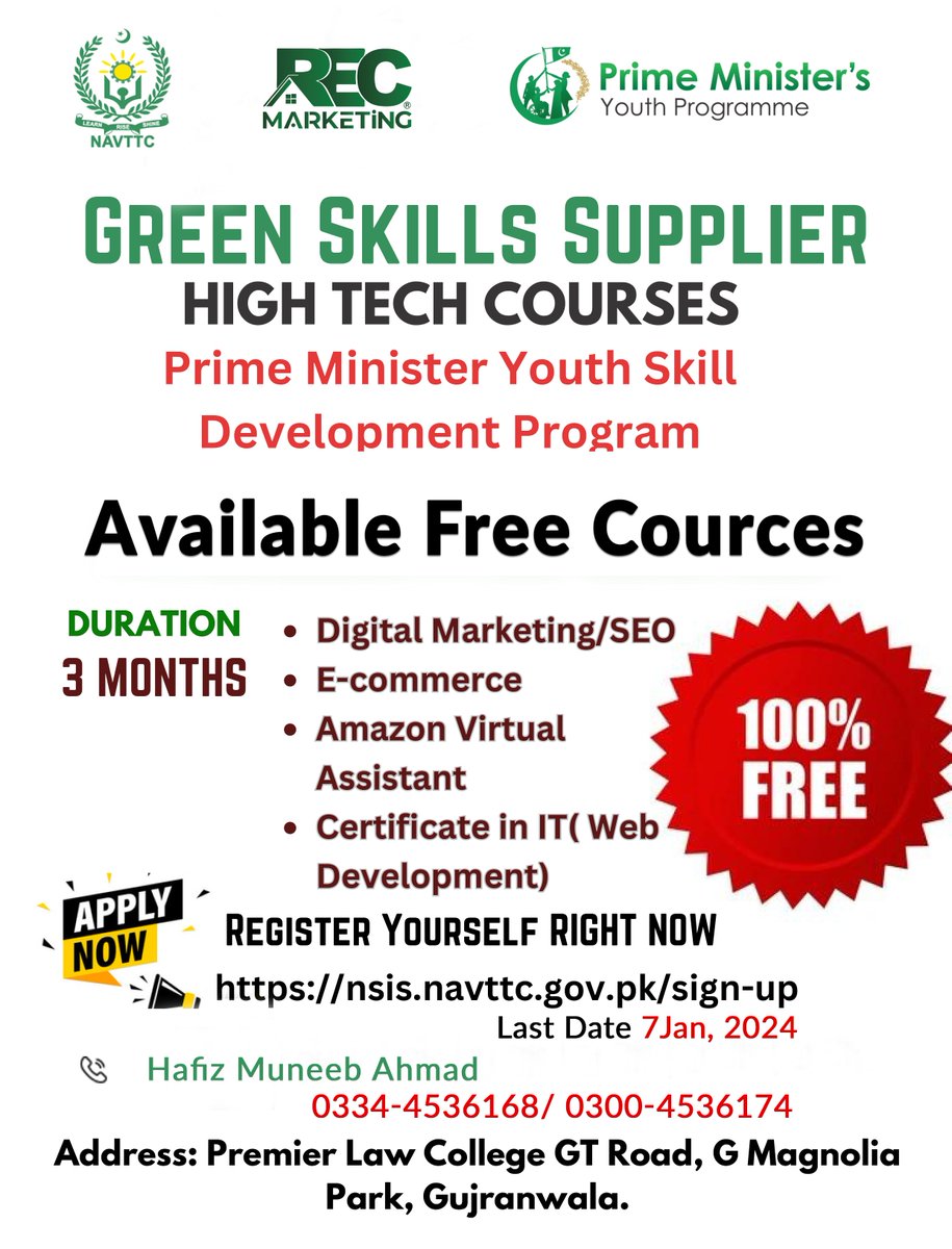 Muneebgrw's tweet photo. Assalamualaikum!
Prime Minister Youth Skill Development Program
Apply Now
https://t.co/ASWaJNRRog
Contact
HAFIZ MUNEEB AHMAD
0334-4536168
#apply #cources #recmarketing #navttc #freecources https://t.co/QoqEmF0rxH