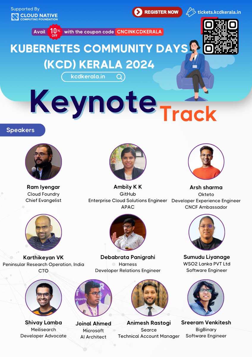 Embark on a transformative journey through the heart of the Cloud Native ecosystem at the Kubernetes Community Days(KCD) Kerala 2024! 
Our  keynote sessions are meticulously crafted to offer unparalleled  insights into the orchestration and future landscape of cloud-native