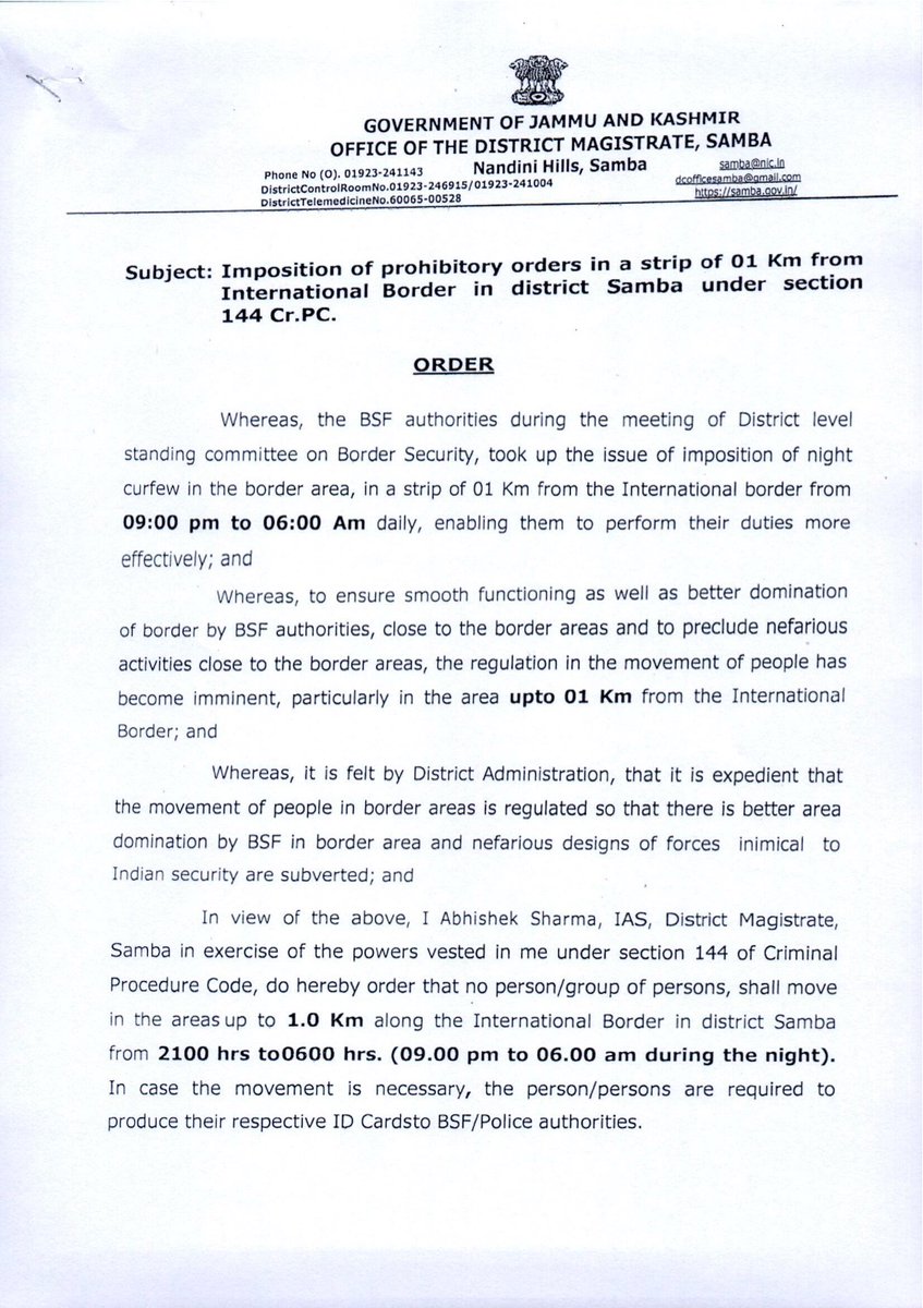 dcsambaoffice's tweet photo. DM Samba imposes prohibitory orders in the strip of 1 Km from IB in the District  under section 144 Cr.PC.
@diprjk 
@Divcomjammu 
@OfficeOfLGJandK 
@ddnews_jammu 
@PIBSrinagar https://t.co/y6MMTXB3dO