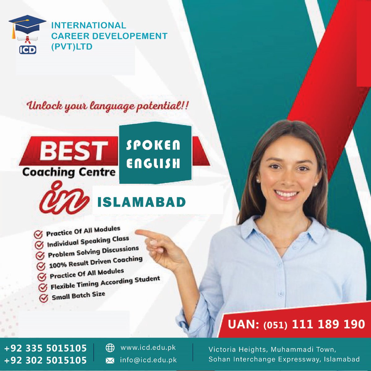 Icdpaks's tweet photo. Boost your confidence in spoken English with ICD's dynamic course! 🌟 Join us for engaging sessions and flexible schedules. Enroll today! 🗣️🚪 #LearnEnglishNow #ICDCommunication #LanguageMastery https://t.co/uyf8crLCEk
