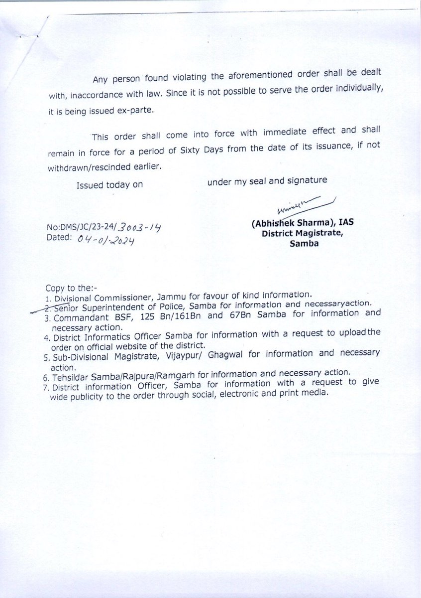 dcsambaoffice's tweet photo. DM Samba imposes prohibitory orders in the strip of 1 Km from IB in the District  under section 144 Cr.PC.
@diprjk 
@Divcomjammu 
@OfficeOfLGJandK 
@ddnews_jammu 
@PIBSrinagar https://t.co/y6MMTXB3dO