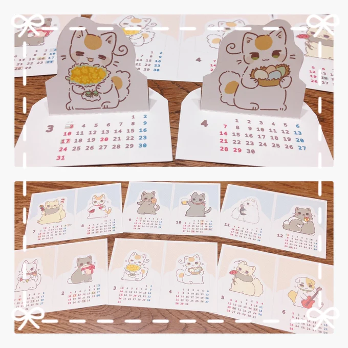 印刷が間に合ったので滑り込み告知!

ねこたりあのカレンダーをインテせかちゅにて頒布予定です!🐈🗓
ペーパースタンド(セルフカット仕様)として作っていますが、ハガキサイズなのでフォトフレーム等に入れても使えると思います🐾🖼 