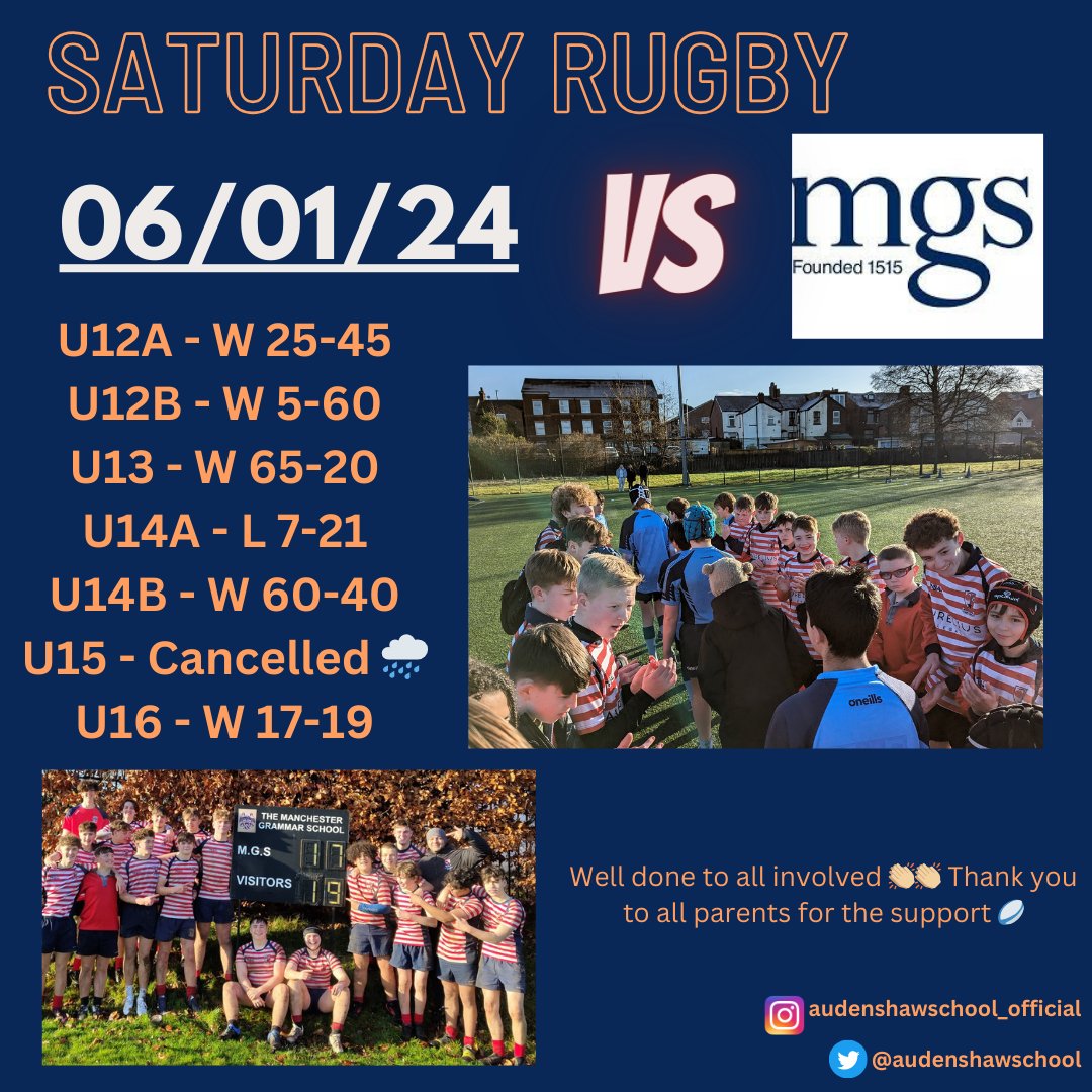 AudenshawSchool's tweet photo. A fantastic morning of rugby to start 2024 🙌🏼🏉

Results below in image. 

Well done to all involved and thank you to our opposition @MGS_PEandSport for a great morning. 

🔴⚪🏉 https://t.co/h60yoX2dxJ