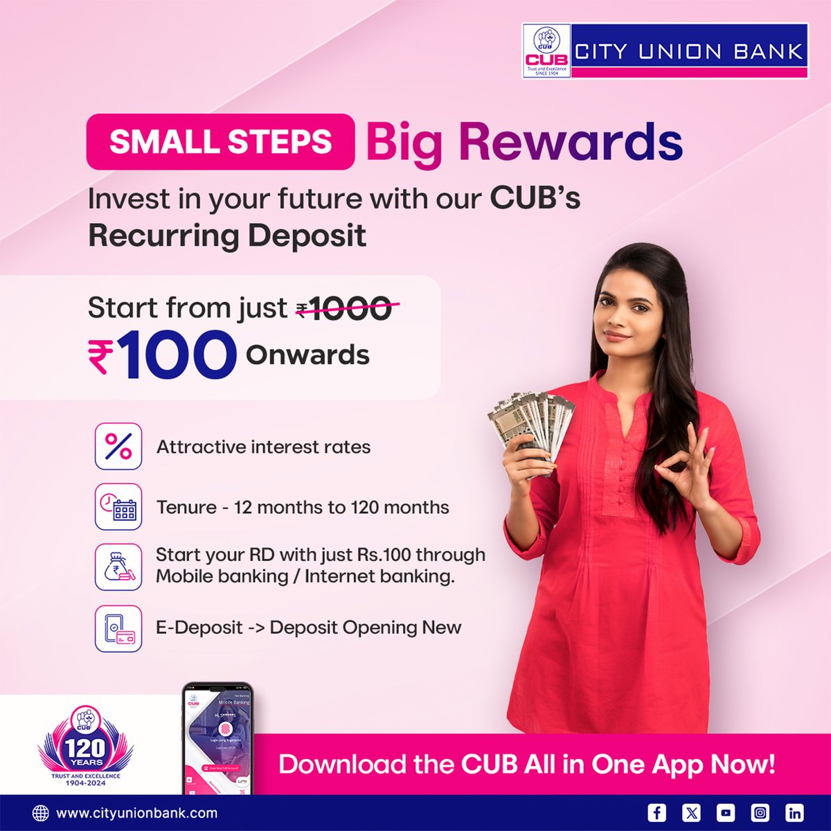 New year, New dreams; Make them a reality by investing in CUB Recurring Deposit Scheme

#120YearsBanking #Recurringdeposit #RD #Savings #Investment 
#cubltd #cityunionbank #CUBConvenientBanking