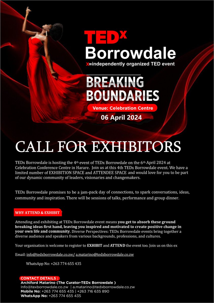 Your company/organization is invited to be an exhibitor at our TEDxTEDx Borrowdalent on the 6th April 2024 at Celebration Centre. This year we are excited to offer our exhibitors excellent exhibiting space and unique partnership Experience. <a href="/UNDPZimbabwe/">UNDP Zimbabwe</a> <a href="/UNICEF/">UNICEF</a> <a href="/_ARIPO/">ARIPO</a>