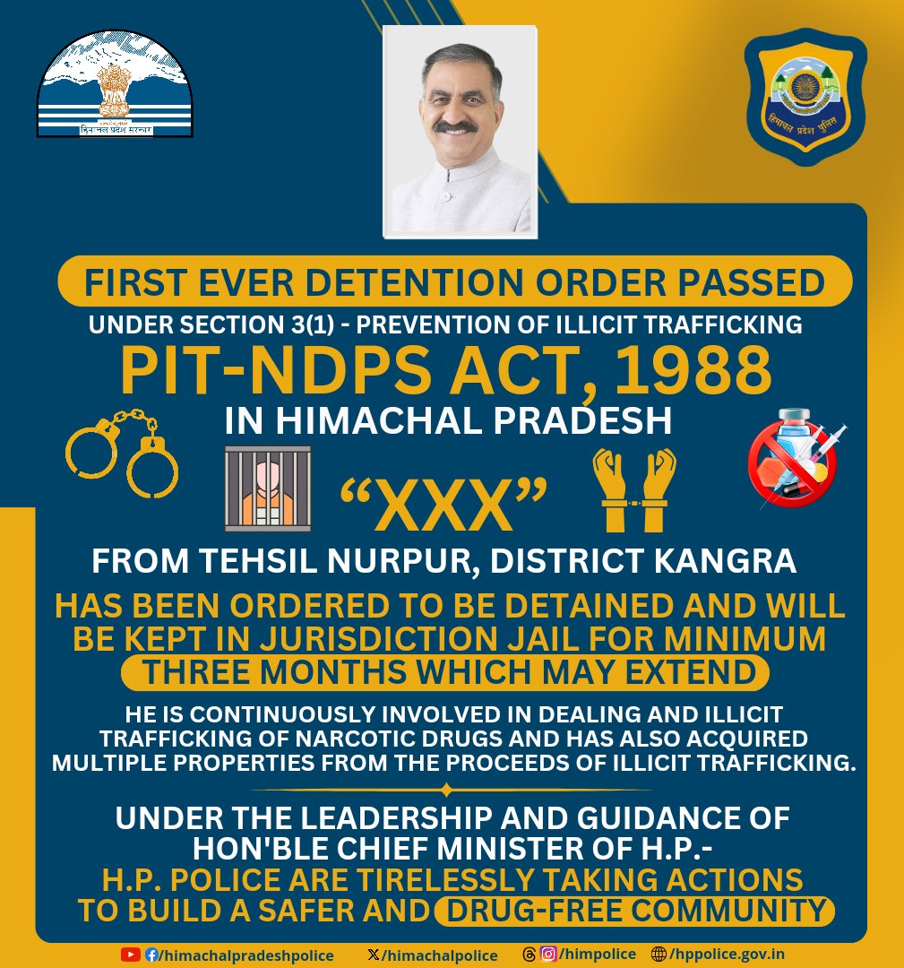 himachalpolice's tweet photo. 𝐅𝐈𝐑𝐒𝐓 𝐄𝐕𝐄𝐑 𝐃𝐄𝐓𝐄𝐍𝐓𝐈𝐎𝐍 𝐎𝐑𝐃𝐄𝐑 𝐏𝐀𝐒𝐒𝐄𝐃 under Section 3(1)- Prevention of Illicit Trafficking
(PIT)- NDPS ACT, 1988 in Himachal Pradesh. (1/4)
#DrugFreeHimachal #HPPolice https://t.co/FIaMNHDf1g