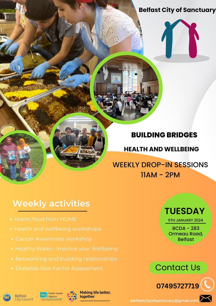 Happy New Year!
The Building Bridges Health and Well-being programme continues Tuesday 9th January 2023  The highlights are  *Cancer screening and awareness training *Health check- Diabetes assessment *Networking  *Meet new people  *Hot food from home- Afghanistan dish.