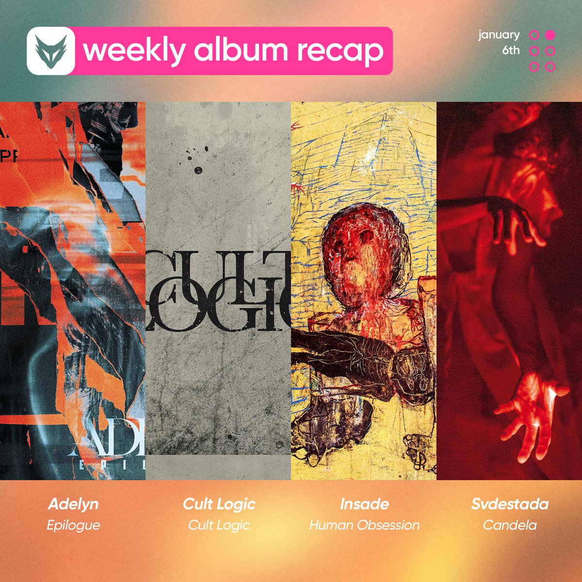FOXCOREisdead's tweet photo. // Weekly album recap, Pt. II: January 6th
@adelynband — Epilogue - EP
#CultLogic — Cult Logic
#Insade — Human Obsession
#Svdestada — Candela https://t.co/C8y9YTu63i
