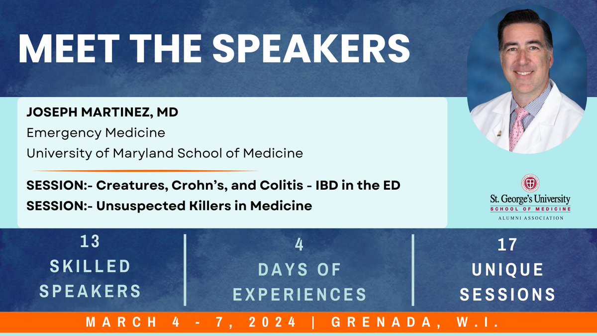 Meet the speakers of #theartofmedicine 2024! 
<a href="/JoeMartinezMD/">Joseph Martinez</a> will be presenting two sessions titled Creatures, Crohn’s, and Colitis - IBD in the ED &amp; Unsuspected Killers in Medicine.

👉 Register &amp; Learn more: bit.ly/theartofmedici…

#sgusomaa #puregrenada #Conference2024 #CME