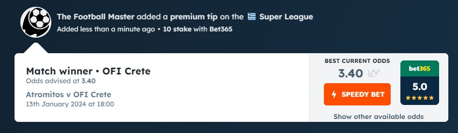 T_Foot_Master's tweet image. "Saturday's Bet of The Day "       
13 January / Greek Super League
 Atromitos vs OFI Crete  
OFI Crete to win @ 3.40 @bet365 

#FreePick #BOTD like retweet