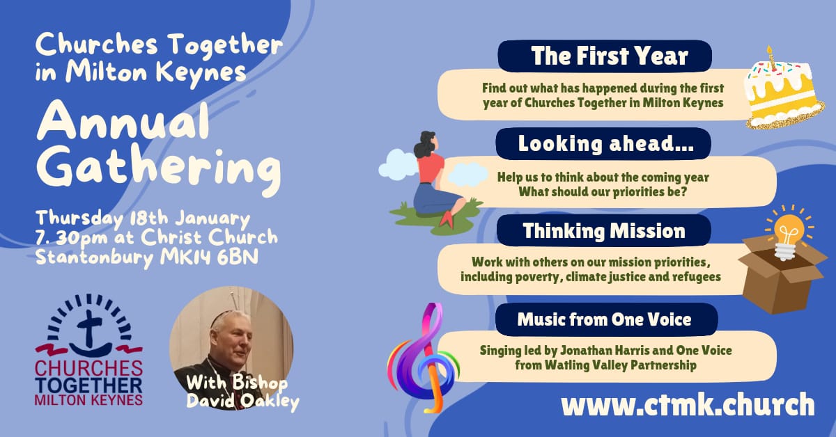 Do join us for Churches Together in Milton Keynes first Annual Gathering on Thursday 18th January at Christ Church, Stantonbury at 7.30pm.

All Welcome!

#WPCU2024