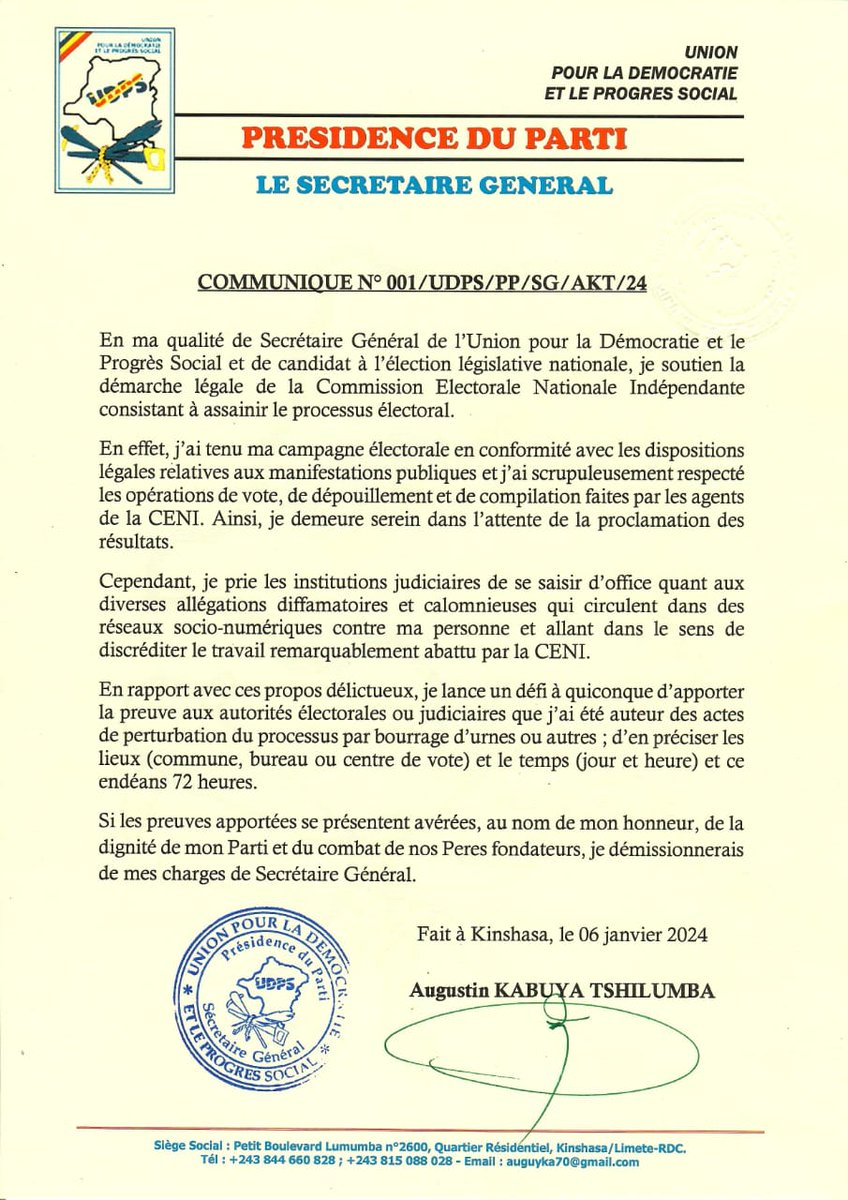 Le SG <a href="/AugustinKabuyaT/">Augustin KABUYA</a> mets au défi qui quiconque apporterait la preuve à la CENI ou  à la justice où il est impliqué dans la fraude et promets  de démissionner ds 72h pr son honneur et celui de l'UDPS. <a href="/normel_kabeya/">Normel Kabeya.</a> <a href="/TopCongo/">TOP CONGO FM</a> <a href="/radiookapi/">Radio Okapi</a> <a href="/Fatshi20/">Fatshi Président</a> <a href="/moise_katumbi/">Moise Katumbi</a> <a href="/MartinFayulu/">Martin Fayulu</a>