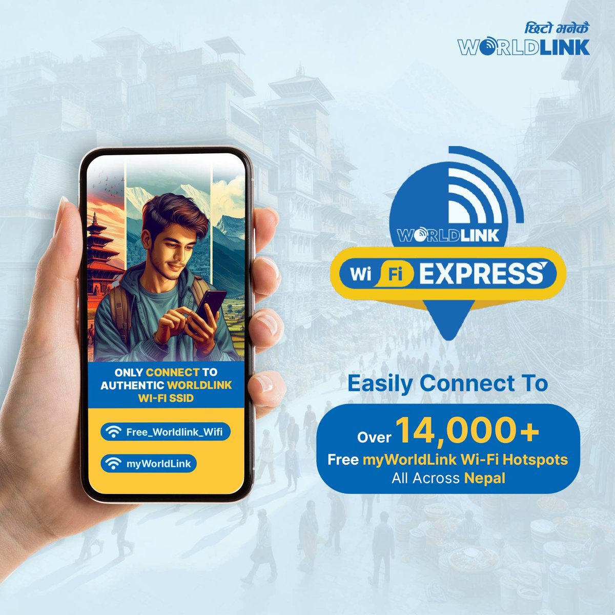 WLinkComm's tweet photo. Unlimited Wi-Fi at over 14,000+ locations all over Nepal for WorldLink customers! It's free and effortless. Simply connect to the "myWorldLink" SSID after a one-time registration. Not sure how? Check out our easy guide: https://t.co/TwFSUel4y1
#WiFiExpress #Nepal https://t.co/hQHlFwyk76