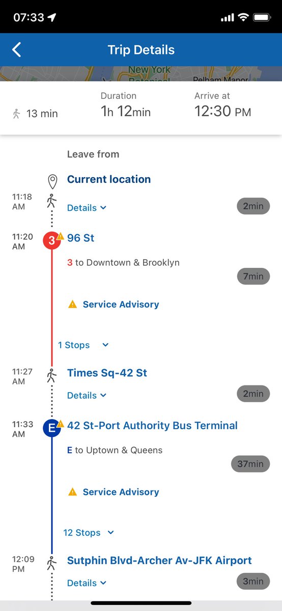 Maybeline46's tweet photo. @NYCTSubway the route planner is giving me the following as a plan, but obviously I can’t take the 2/3. It’s not showing me the options with the bus times https://t.co/tbDM7lqu9M
