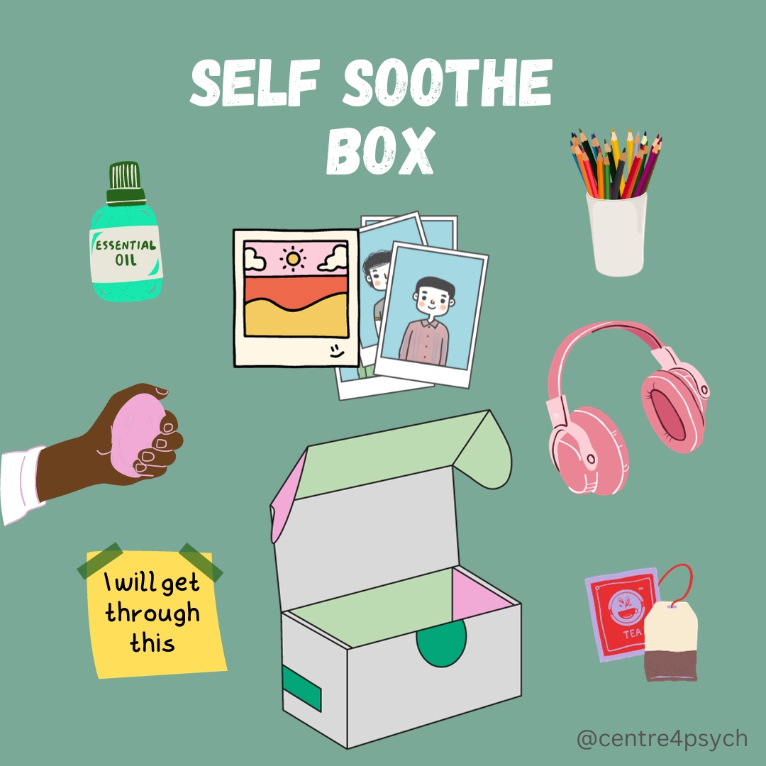 Centre4Psych's tweet photo. A self-soothe box can be helpful to regulate distressing emotions which feel unmanageable. There are lots of things that could go in your box, but it will be personal to you. What would you include in your self-soothe box?
#selfsoothing #selfsoothe #selfsoothebox #emotions https://t.co/lj8NwO5l82