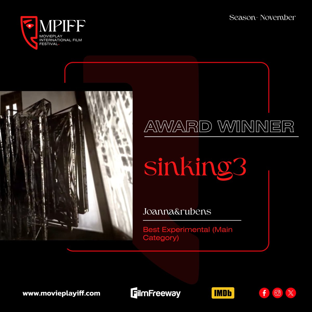 MoviePlayIFF's tweet photo. sinking3, directed by Joanna&rubens. The Experimental (Main Category) of Movie Play International Film Festival for November, 2023.
#awardwinner #movieplayiff #bestexperimental https://t.co/gVlcHeZXkM