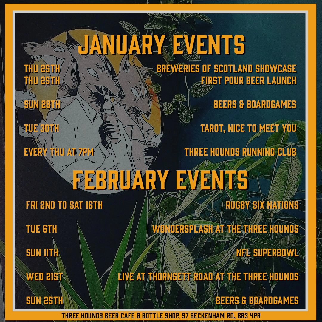 threehoundsbeer's tweet photo. Whats On At The Three Hounds!

We have a quiet few weeks before we get into our usual event schedule. We will be showing the Six Nationed downstairs throughout February plus the Superbowl! https://t.co/OT7d08Q5rH