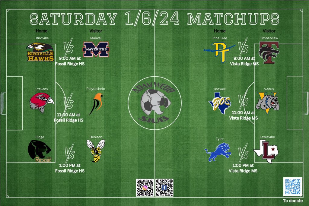 SIUBFoundation's tweet photo. Here are the matchups for Day 3; keep in mind that the games on the left will be played at Fossil Ridge High School, while the games on the right will be played at Vista Ridge (3201 Thompson Rd, Fort Worth, TX 76137). https://t.co/PlRRwdCjBp