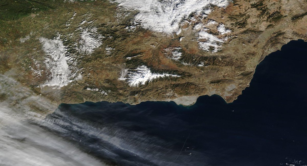 Samuel_MR17's tweet photo. El satélite Terra ya nos ofrece una captura de nuestra geografía. Destaca Sierra Nevada, que está espectacular tras las precipitaciones de ayer https://t.co/fu25WrkFtM