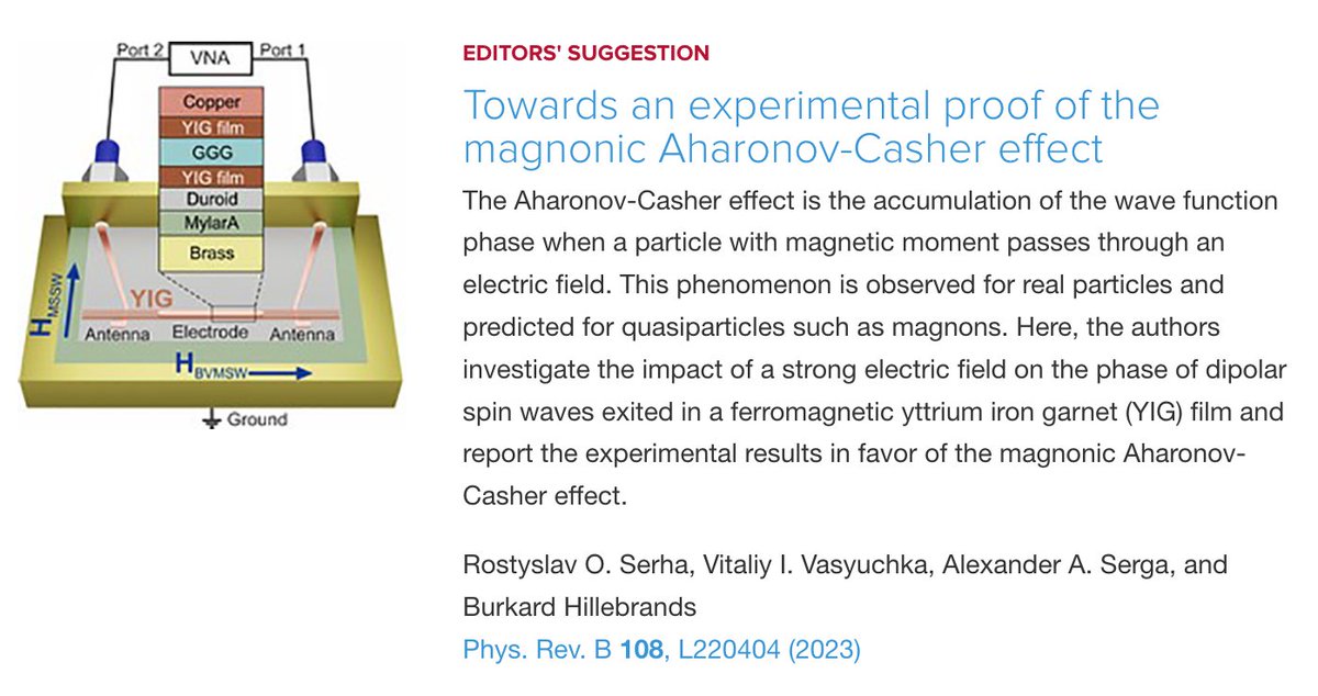 PhysRevB's tweet photo. PRB Editors' Suggestion: Towards an experimental proof of the #magnonic #AharonovCasherEffect

R. O. Serha, V. I. Vasyuchka, A. A. Serga, and B. Hillebrands
Phys. Rev. B 108, L220404

➡️ https://t.co/Jrt7fefLw7
#PRBLetter #EdSugg #condmat #physics @APSPhysics https://t.co/6s214Di6iO