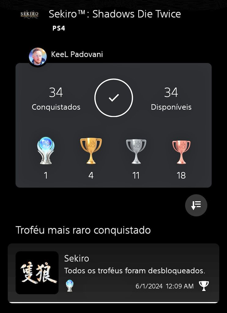 Keellord's tweet photo. #SEKIRO Shadows Die Twice ⛩️

🏆 Troféu: Sekiro (PLATINA)

A 1° #Platina de 2024 foi a de Sekiro e com o fim desta jornada eu N sei + o que farei da vida. Estou maravilhado por ter vivido cada momento desse #Masterpiece, uma Obra Prima Fantástica e Digna de um verdadeiro Goty 👏🏻 https://t.co/hPS9kJQxxI
