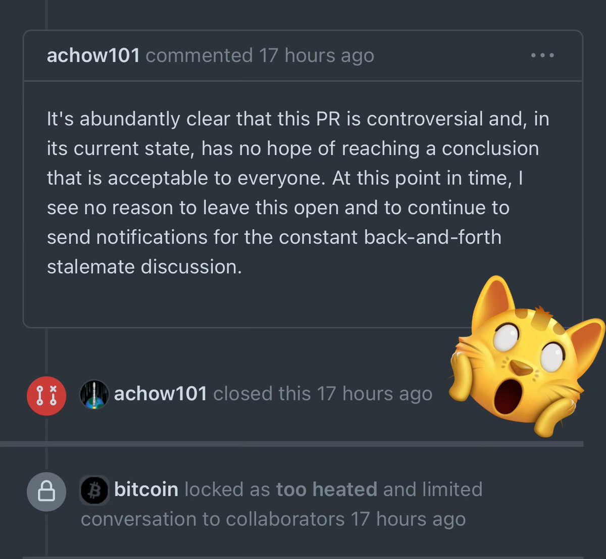 udiWertheimer's tweet image. BREAKING: BITCOIN DEVS REJECT CAT-EATER @LUKEDASHJR’S “BUG FIX” TO BAN ORDINALS; SAY HIS ATTEMPT “HAS NO HOPE”