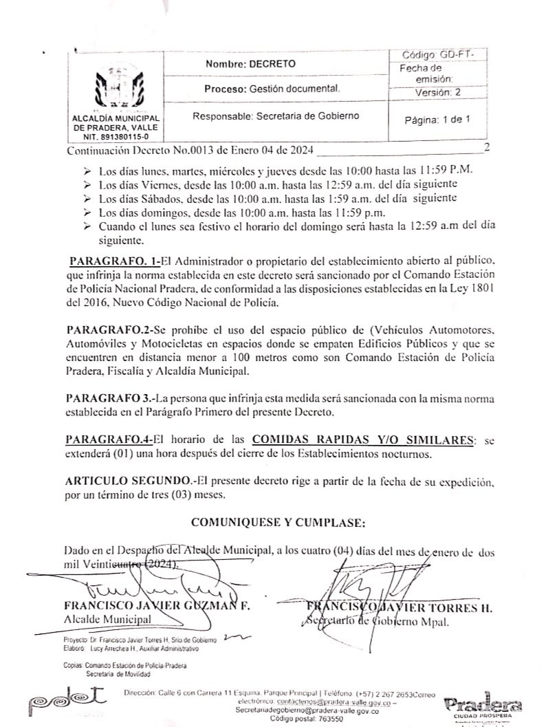 Decreto 0013 -24 con el cual se establece el horario para los establecimientos de comercio nocturno en el municipio de Pradera Valle.