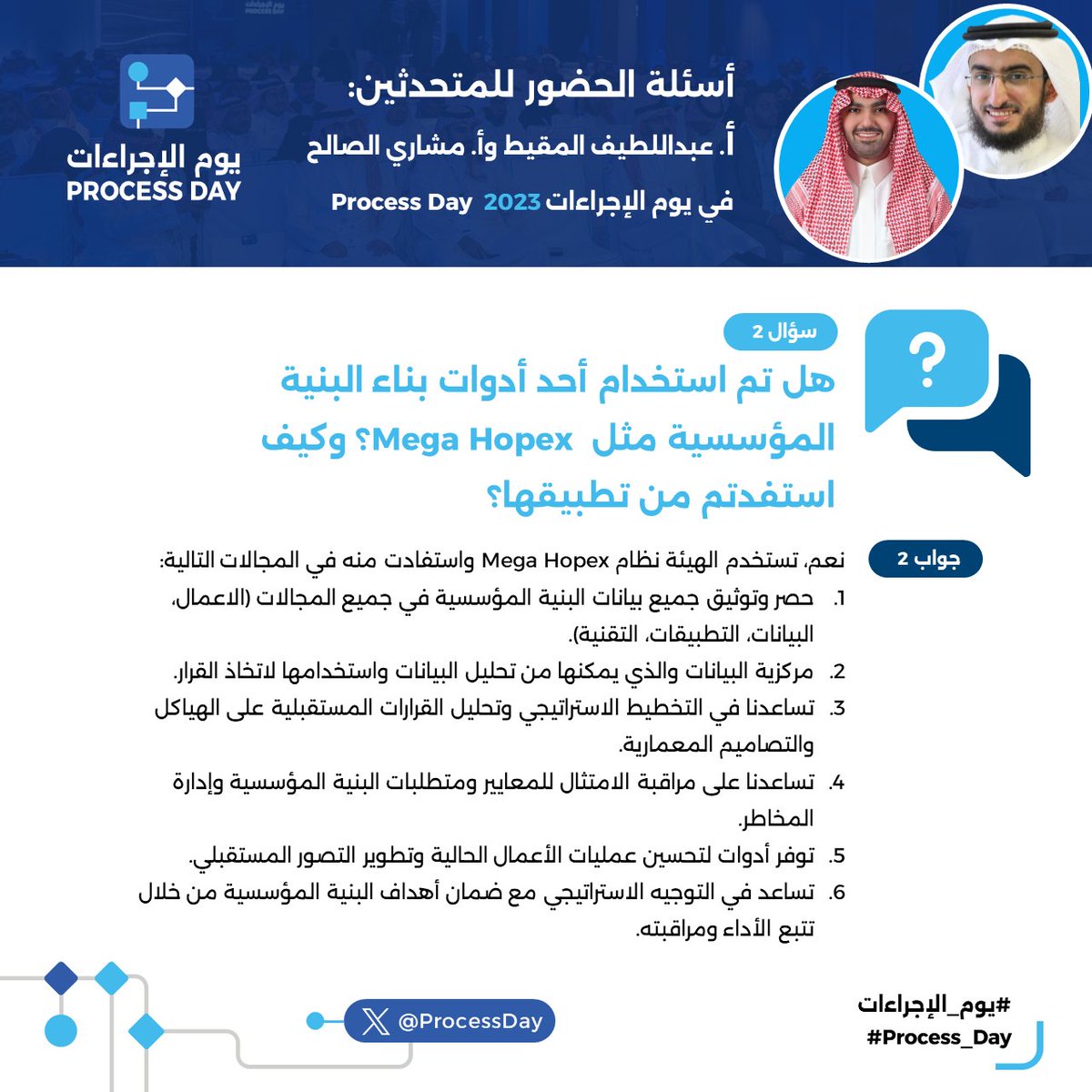 ProcessDay's tweet photo. أجاب أ.عبداللطيف المقيط، مدير إدارة الحوكمة وإجراءات الأعمال في هيئة الاتصالات والفضاء والتقنية، وأ.مشاري الصالح، قائد فريق تطوير الإجراءات، عن أهم الأسئلة التي طرحها الحضور في فعالية #يوم_الإجراءات 2023. https://t.co/gXdcIoGJAl