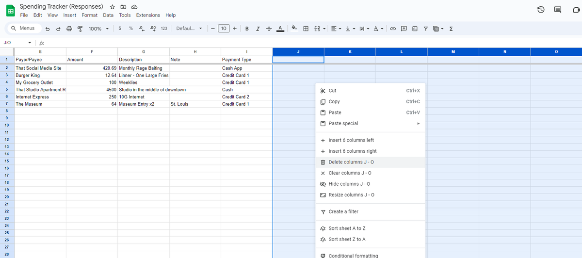 NoobTheta's tweet image. 📕: #SpendingTracker - Data 1/2
- Some tips on how I manage the Google Sheets
- 1. Delete all unused columns - highlight all columns, right click, choose delete
- 2. Conditional format by Group (see attached images), choose, click &quot;+Add another rule&quot; and repeat for all 4 groups.