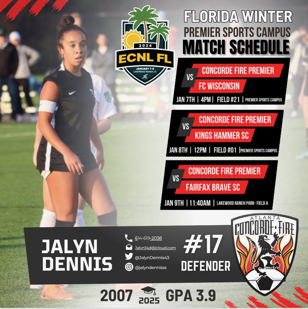 Jalyn Dennis (@jalyndennis43) on Twitter photo So excited for ECNL Florida this weekend!! Here is my schedule, hope to see you there :)
<a href="/PrepSoccer/">Prep Soccer ⚽️</a> <a href="/TopPreps/">College Coaches / Scouts / College Recruiters</a> <a href="/ConcordeSoccer/">Concorde Fire Soccer</a> <a href="/ImYouthSoccer/">ECNL/GA/Recruiting/College Soccer</a> <a href="/ImCollegeSoccer/">College Soccer Truth ™</a> <a href="/ConcordePremier/">Concorde Fire ECNL 07 Premier</a> So excited for ECNL Florida this weekend!! Here is my schedule, hope to see you there :)
<a href="/PrepSoccer/">Prep Soccer ⚽️</a> <a href="/TopPreps/">College Coaches / Scouts / College Recruiters</a> <a href="/ConcordeSoccer/">Concorde Fire Soccer</a> <a href="/ImYouthSoccer/">ECNL/GA/Recruiting/College Soccer</a> <a href="/ImCollegeSoccer/">College Soccer Truth ™</a> <a href="/ConcordePremier/">Concorde Fire ECNL 07 Premier</a>