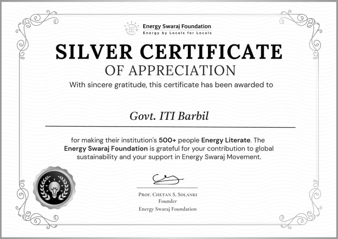 Congratulations Govt ITI, Barbil on receiving the Silver Certification from Energy Swaraj Foundation for educating over 500 trainees through the #EnergyLiteracy Training Course. Such initiatives will help us build a sustainable economy. #SkilledInOdisha