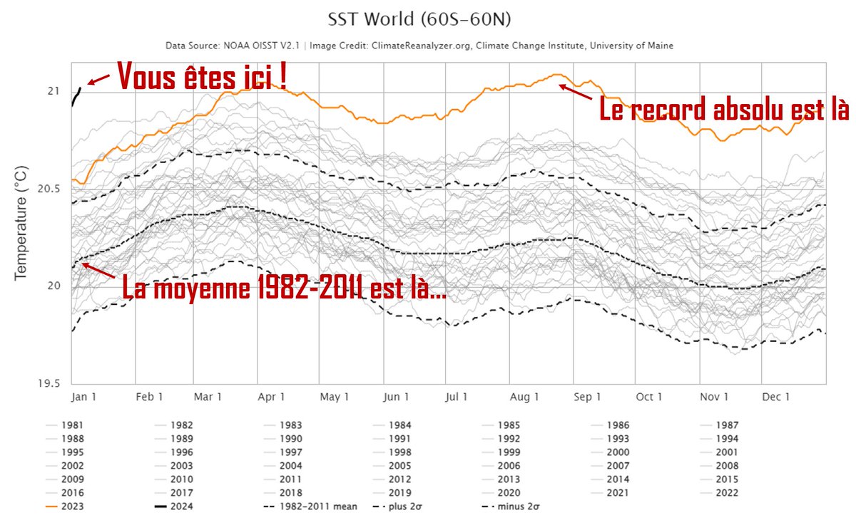 En janvier, la température moyenne mondiale de la surface de la mer devrait être proche du minimum annuel. En 2024, elle a décidé d'être proche du record absolu de chaleur.
Plus je regarde ces courbes, plus elles partent en cacahuète. On a battu le record de mars, avril, mais,