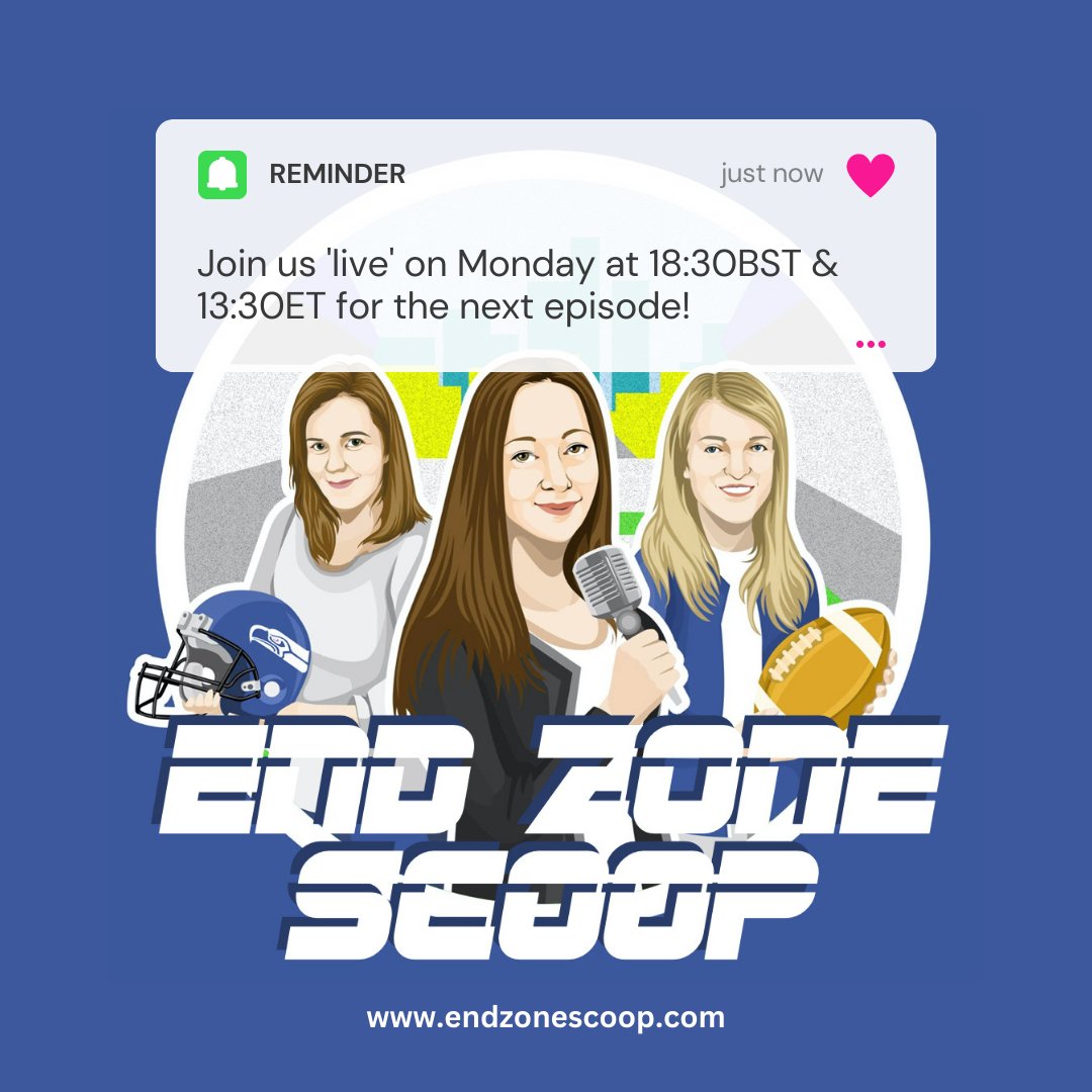 EndZoneScoop's tweet photo. Join us live on YouTube next Monday (6:30pm GMT/1:30pm ET) for the next episode of #EndZoneScoop. Where we discuss all things NFL.

Got a question for us? Drop it below, and we'll answer it live.

https://t.co/Z8xetvDQ0w

#NFL #NFLUK #NFLTwitter @DaynaOG @ShonaDuthie4 @NFLGirlUK https://t.co/u522Tcb8RI