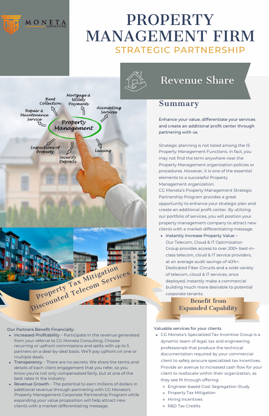 CgMoneta's tweet photo. We have a wide range of Strategic Partnership Programs that provide significant value-add and an additional profit center for our partners. 
#commercialproperty #costreduction #taxincentives https://t.co/xsL2z5TX92