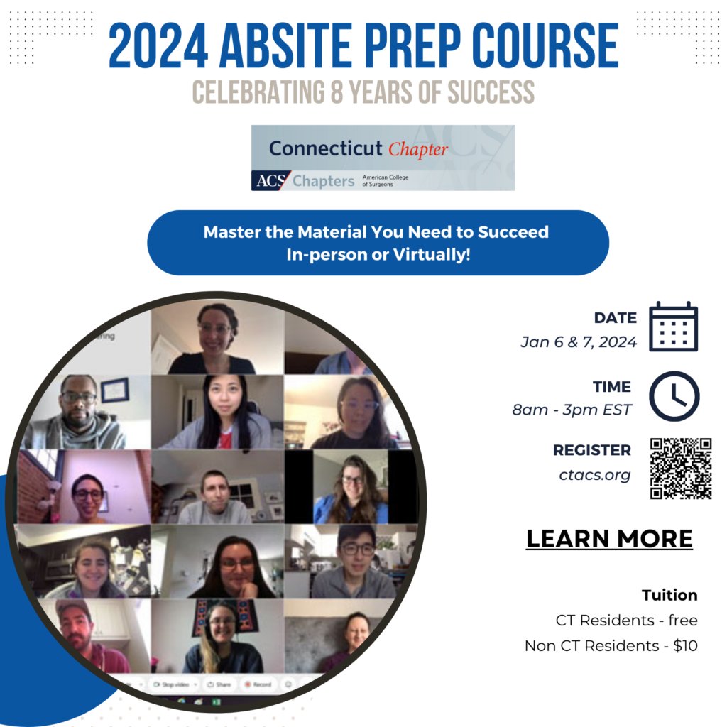 The 8th Annual ABSITE Review hosted by the CT Chapter of @AmCollSurgeons is starting RIGHT NOW with a fabulous lecture by @YaleVascular David Strosberg. Lectures are happening all weekend. Register at ctacs.org/absite/