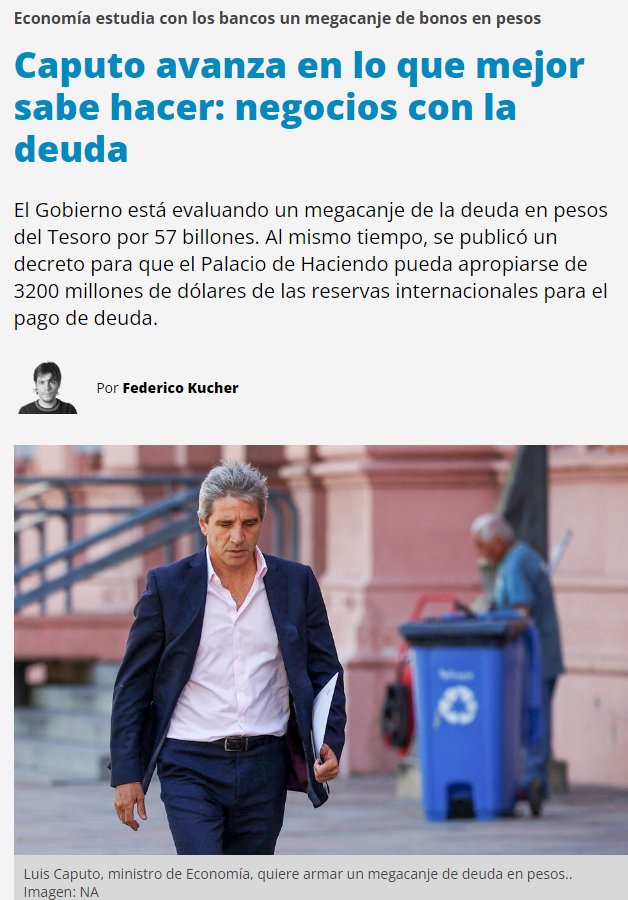Se publicó un decreto para que el Palacio de Haciendo pueda apropiarse de 3200 millones de dólares de las reservas internacionales para el pago de deuda. A cambio el Banco Central recibe un bono con vencimiento a 10 años.

Y total normalidad.